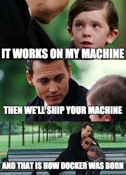 A meme depicting the "works on my machine" issue