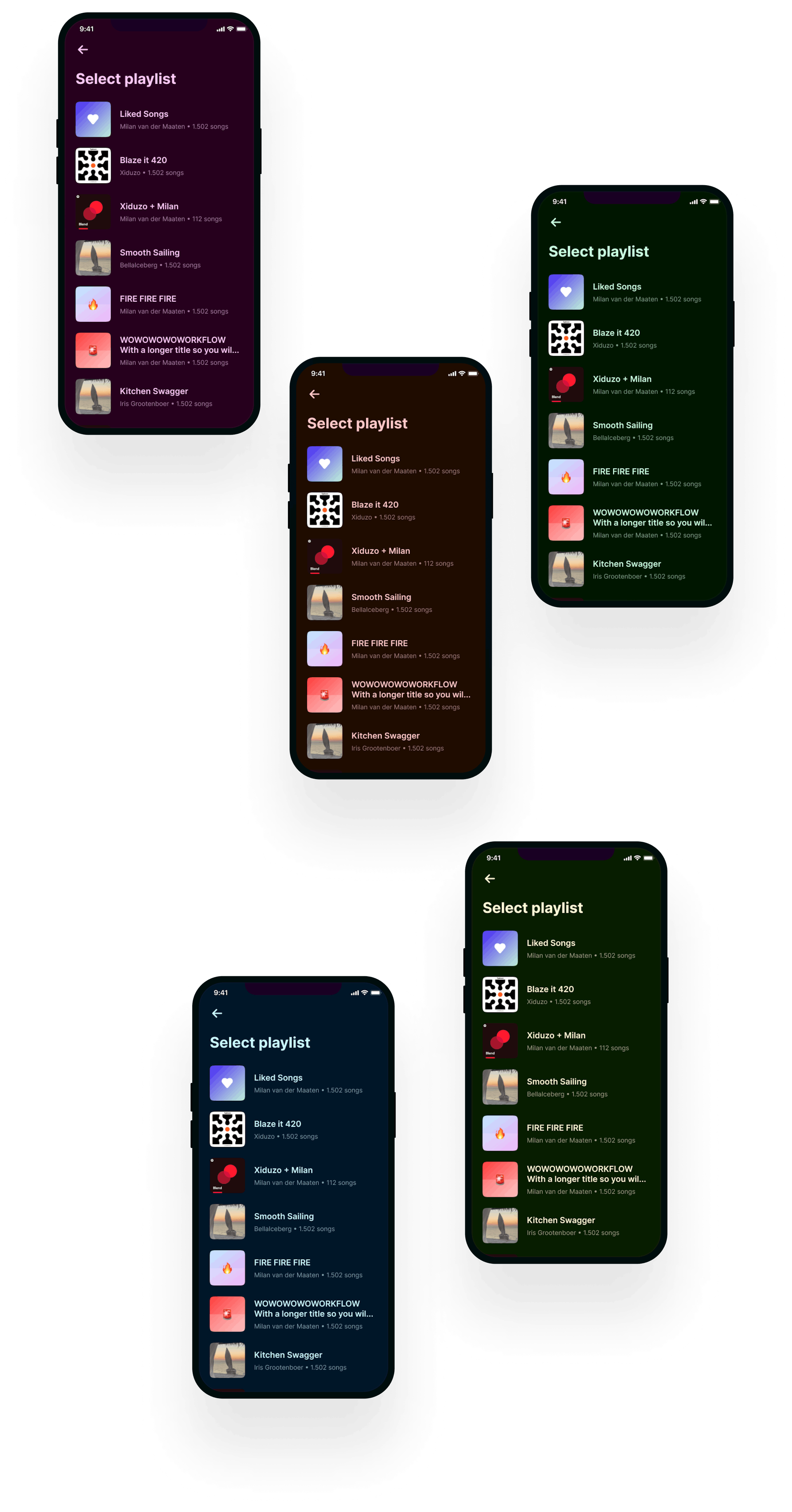 screens displaying the different color palettes being used inside of the app
